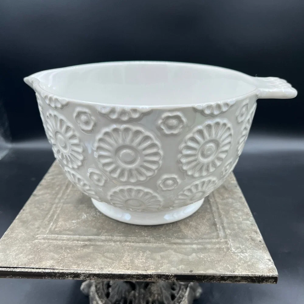 Ciroa Vintage Bake Shop White Stoneware Mixing Bowl Floral Embossed Pour Spout